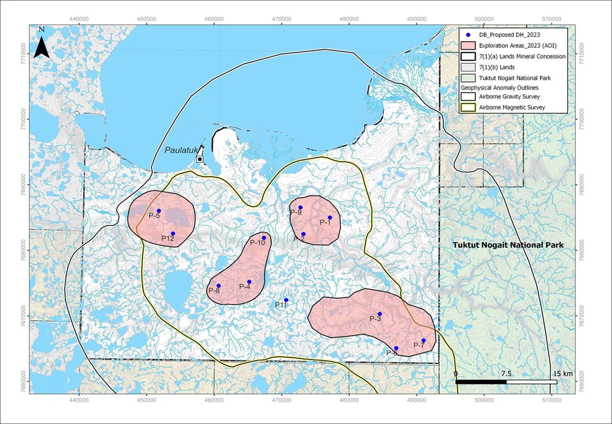 Proposed 2023 drill holes across the four exploration areas, with the mineral concession boundaries, airborne gravity and magnetic survey outlines, and Tuktut Nogait National Park