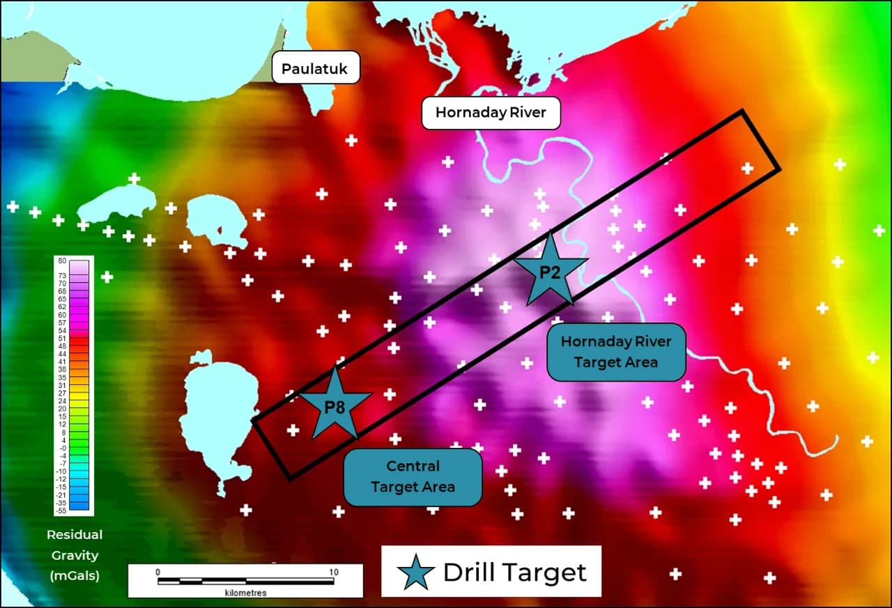 P8 and P2 drill target locations, over residual gravity